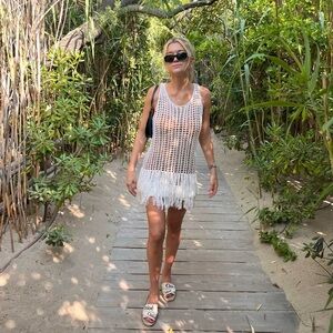 ANTHROPOLOGIE Crochet Knit Fringe Sheer Sweater Tank Top Tunic Swim Cover-Up